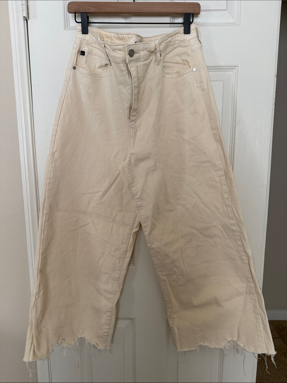 KanCan Cream Wide-Leg Flare Jeans with Raw Hem